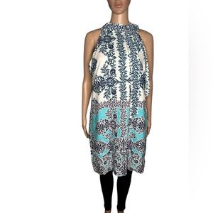 Vince Camuto blue white sheath halter bow neck print dress size 8 linen blend